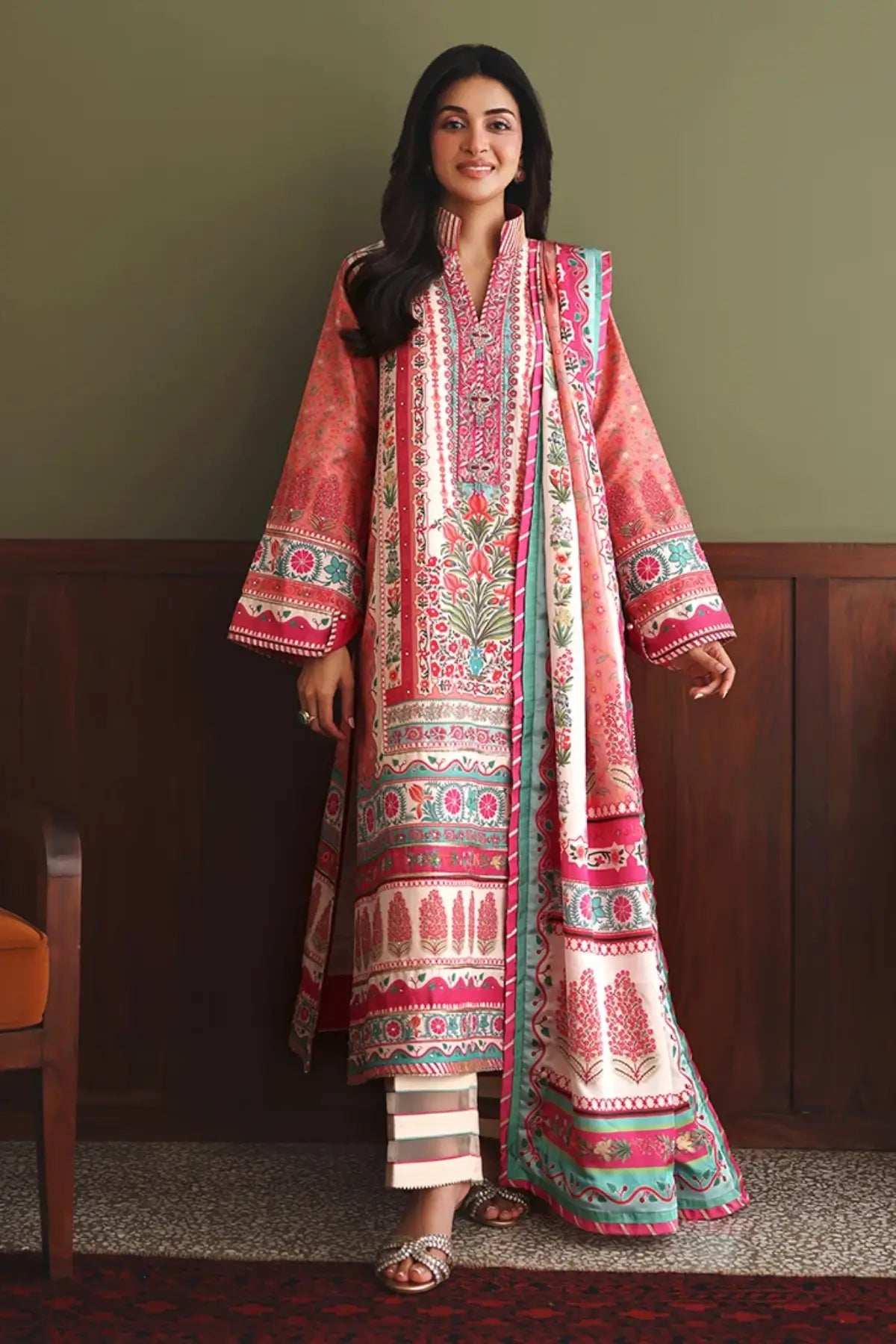 Born Ready Nirvana Anmol Edit peach printed embellished raw silk Pakistani stitched 3PC suit with hand embellished neckline and printed silk dupatta