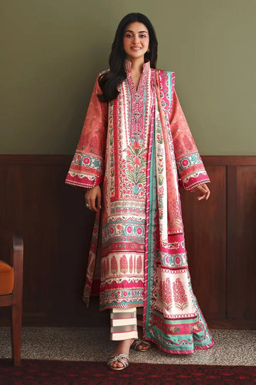 Born Ready Nirvana Anmol Edit peach printed embellished raw silk Pakistani stitched 3PC suit with hand embellished neckline and printed silk dupatta