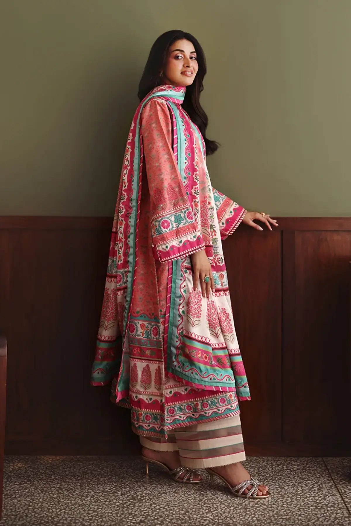 Born Ready Nirvana Anmol Edit peach printed embellished raw silk Pakistani stitched 3PC suit with hand embellished neckline and printed silk dupatta