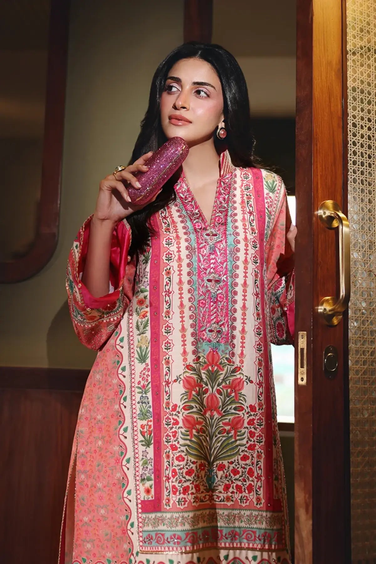 Born Ready Nirvana Anmol Edit peach printed embellished raw silk Pakistani stitched 3PC suit with hand embellished neckline and printed silk dupatta