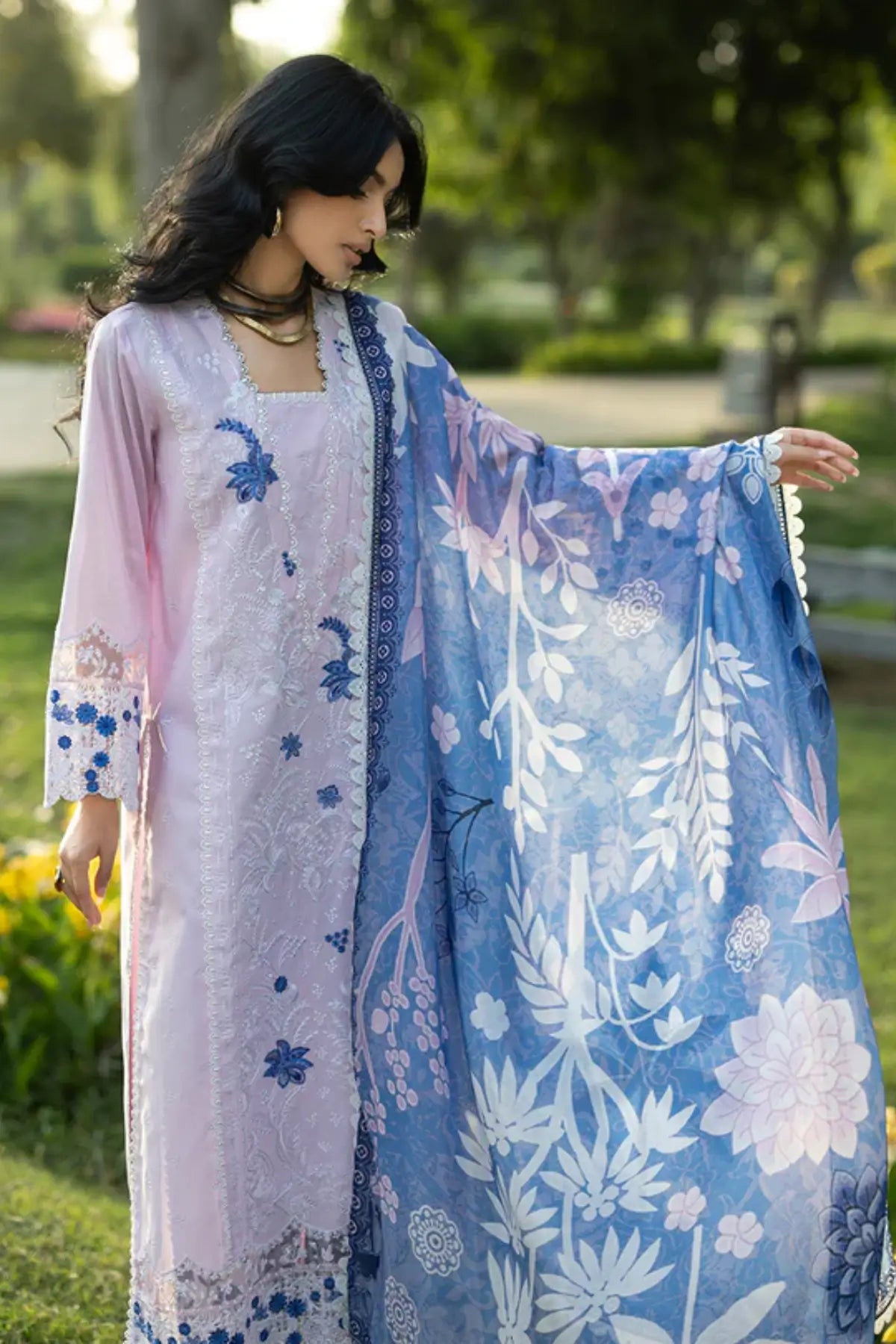 Bria 15 pink blue stitched lawn 3PC suit with silk dupatta by Zainab Chottani Pakistanimoda
