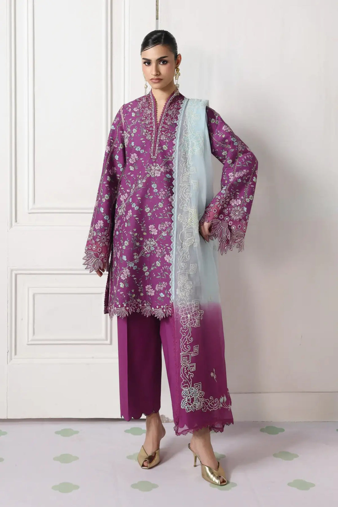 Brise QQP-09(A) by Qalamkar berry purple lawn stitched 3PC suit with embroidered front, printed chiffon dupatta, and plain cotton trousers.