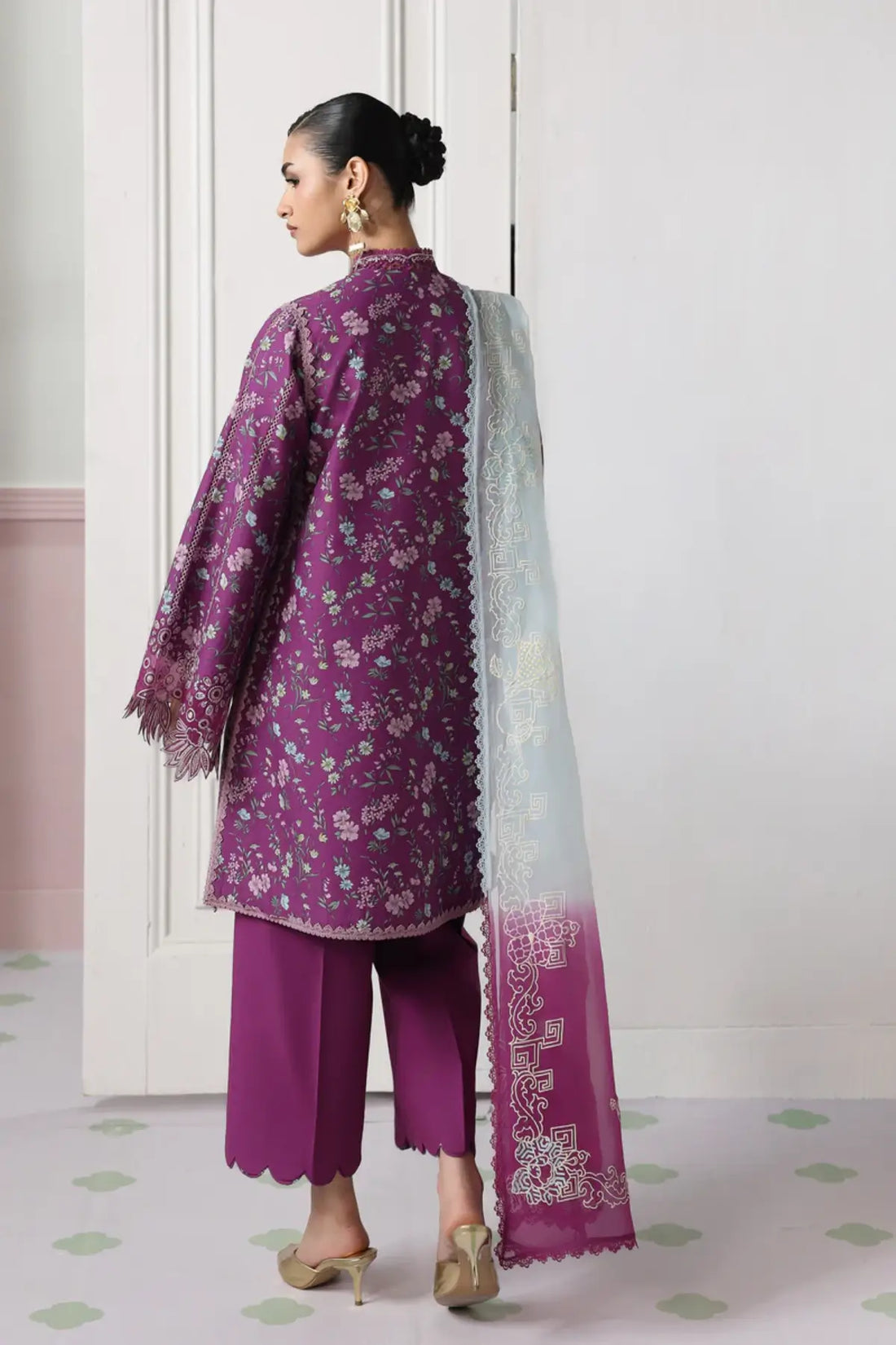 Brise QQP-09(A) by Qalamkar berry purple lawn stitched 3PC suit with embroidered front, printed chiffon dupatta, and plain cotton trousers.
