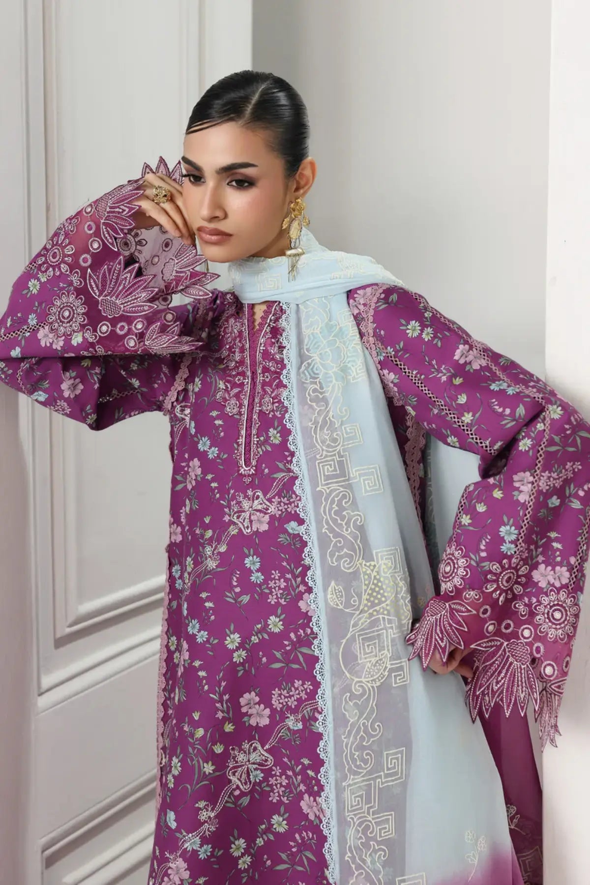 Brise QQP-09(A) by Qalamkar berry purple lawn stitched 3PC suit with embroidered front, printed chiffon dupatta, and plain cotton trousers.