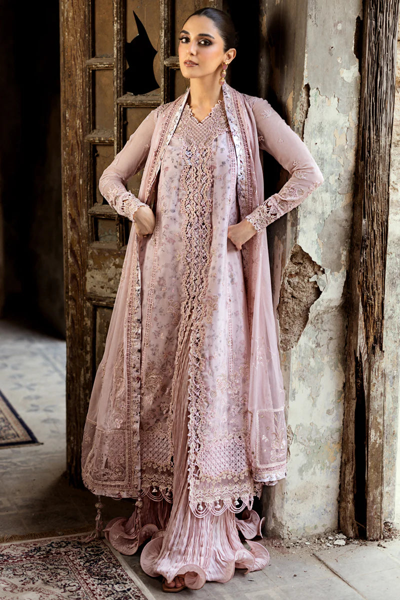 Qalamkar WC-05 RIONA stitched peach pink chiffon sharara dress with embroidered dupatta, digital printed slip, and raw silk sharara – Pakistanimoda