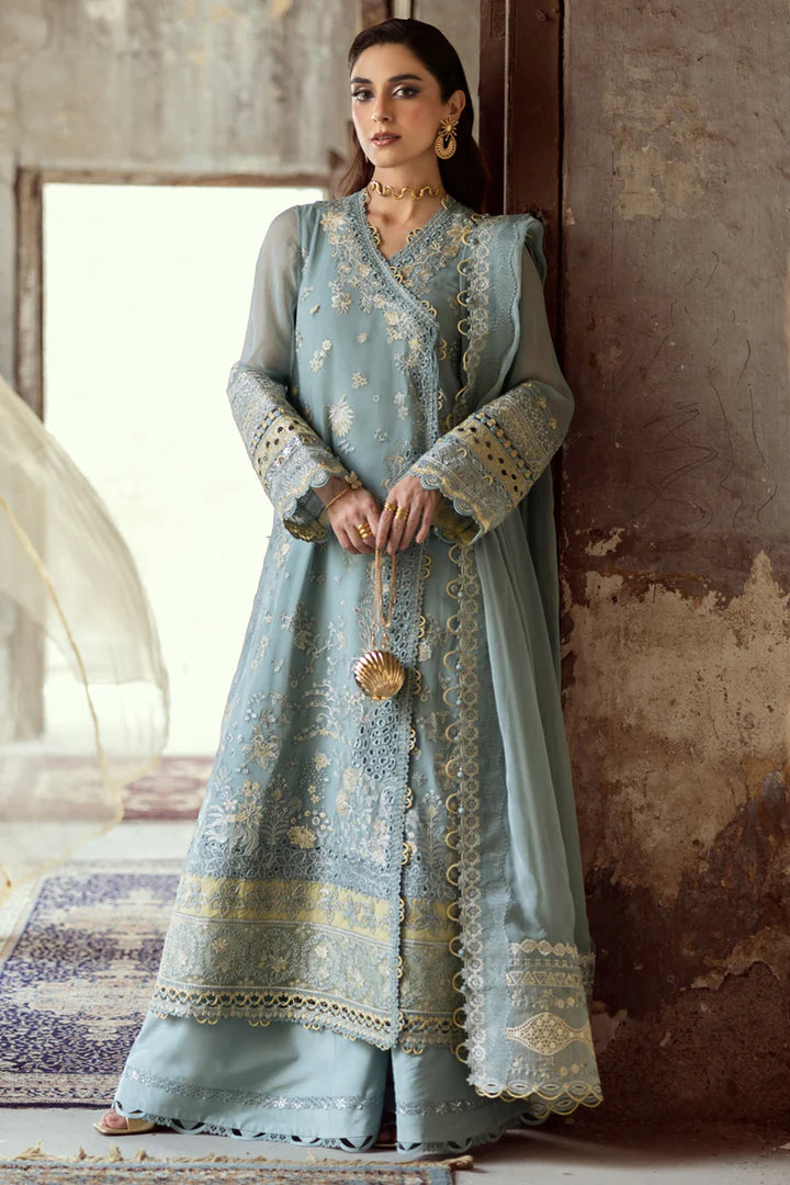 WC-08 VEVIN stitched aqua blue chiffon chikankari dress by Qalamkar with embroidered dupatta and raw silk trouser – available at Pakistanimoda worldwide