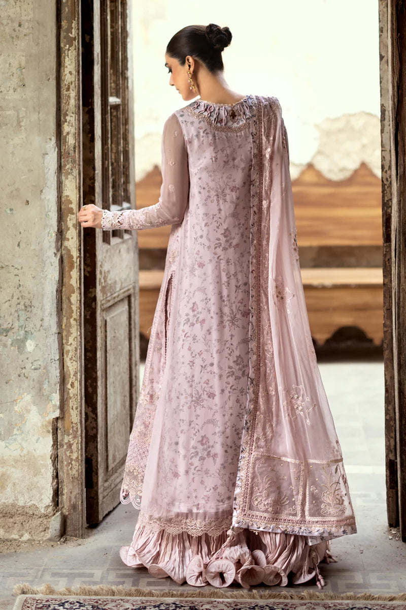 Qalamkar WC-05 RIONA stitched peach pink chiffon sharara dress with embroidered dupatta, digital printed slip, and raw silk sharara – Pakistanimoda