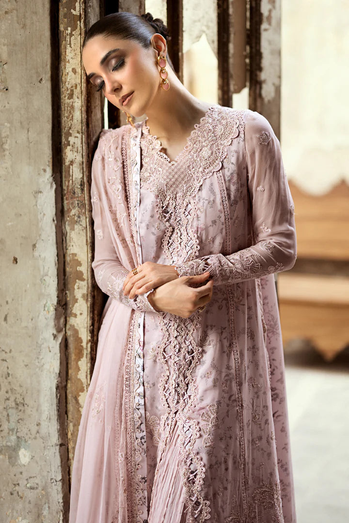 Qalamkar WC-05 RIONA stitched peach pink chiffon sharara dress with embroidered dupatta, digital printed slip, and raw silk sharara – Pakistanimoda