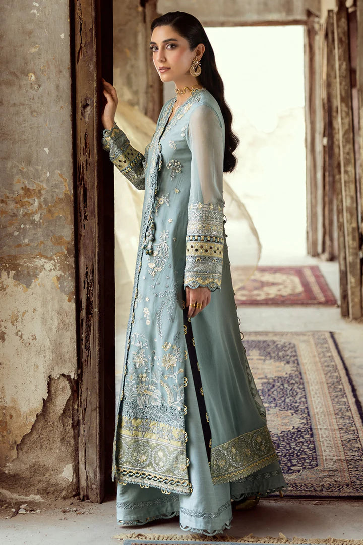 WC-08 VEVIN stitched aqua blue chiffon chikankari dress by Qalamkar with embroidered dupatta and raw silk trouser – available at Pakistanimoda worldwide