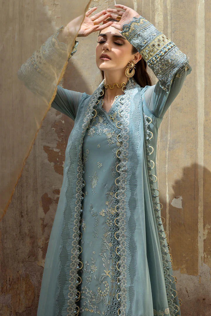 WC-08 VEVIN stitched aqua blue chiffon chikankari dress by Qalamkar with embroidered dupatta and raw silk trouser – available at Pakistanimoda worldwide