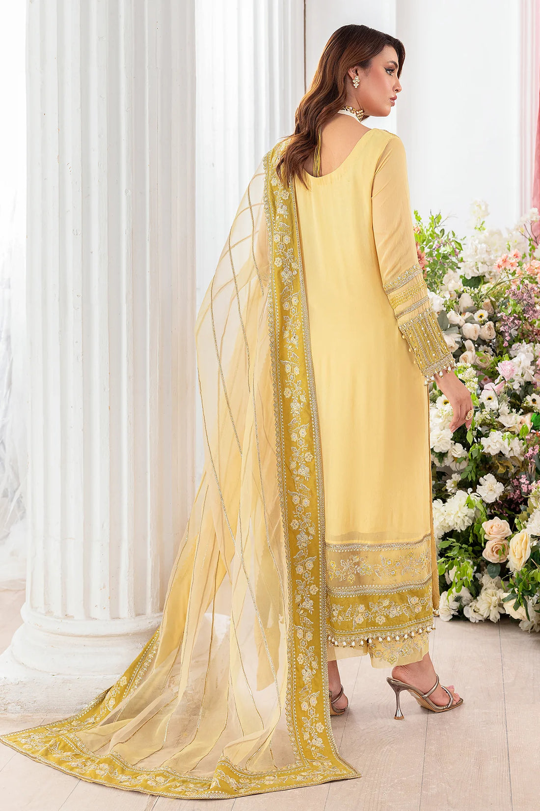 Charizma DD5-02 stitched lime yellow chiffon suit with adda work and embroidered organza dupatta – formal 4-piece outfit at Pakistanimoda global shipping