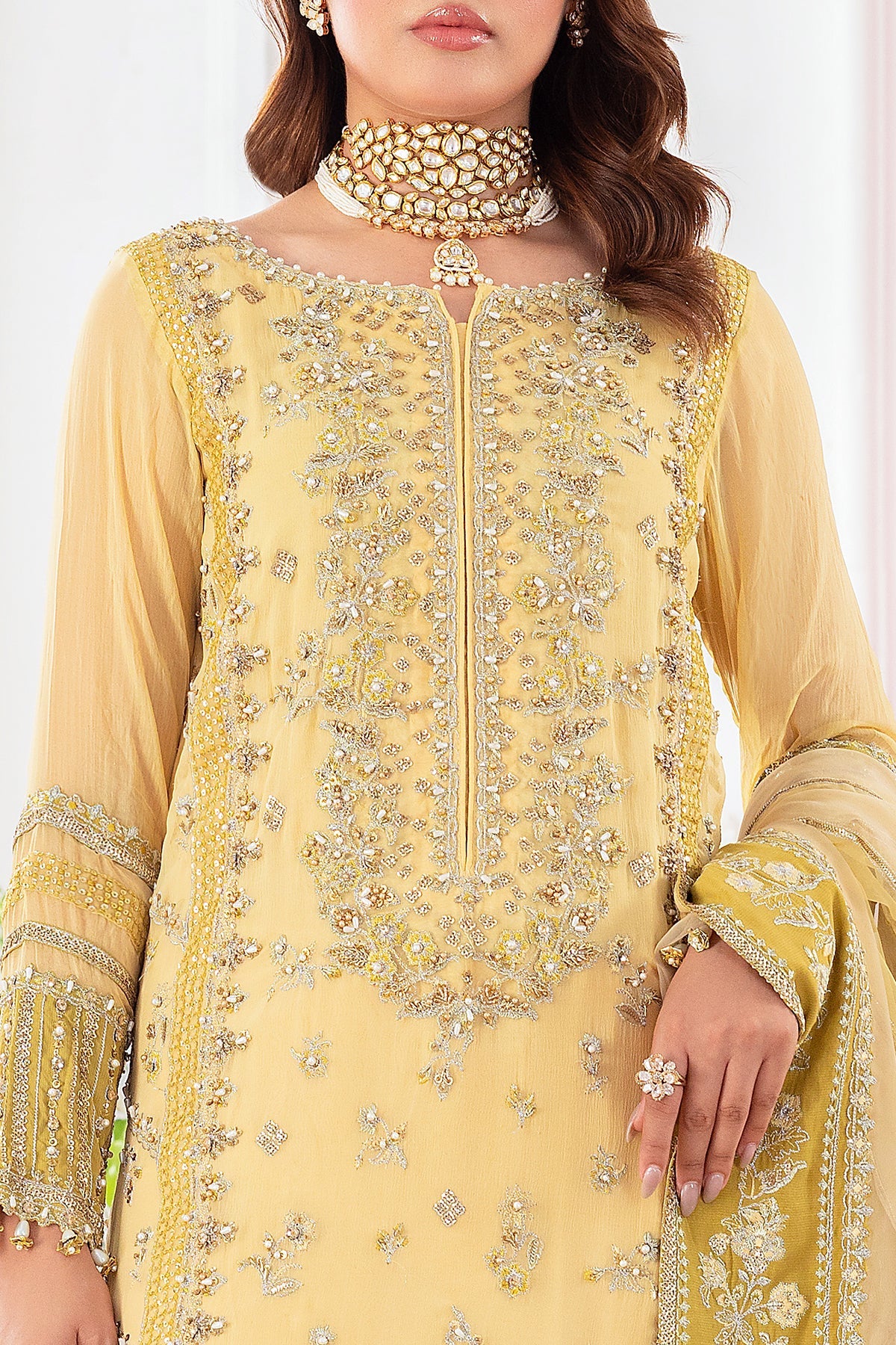 Charizma DD5-02 stitched lime yellow chiffon suit with adda work and embroidered organza dupatta – formal 4-piece outfit at Pakistanimoda global shipping