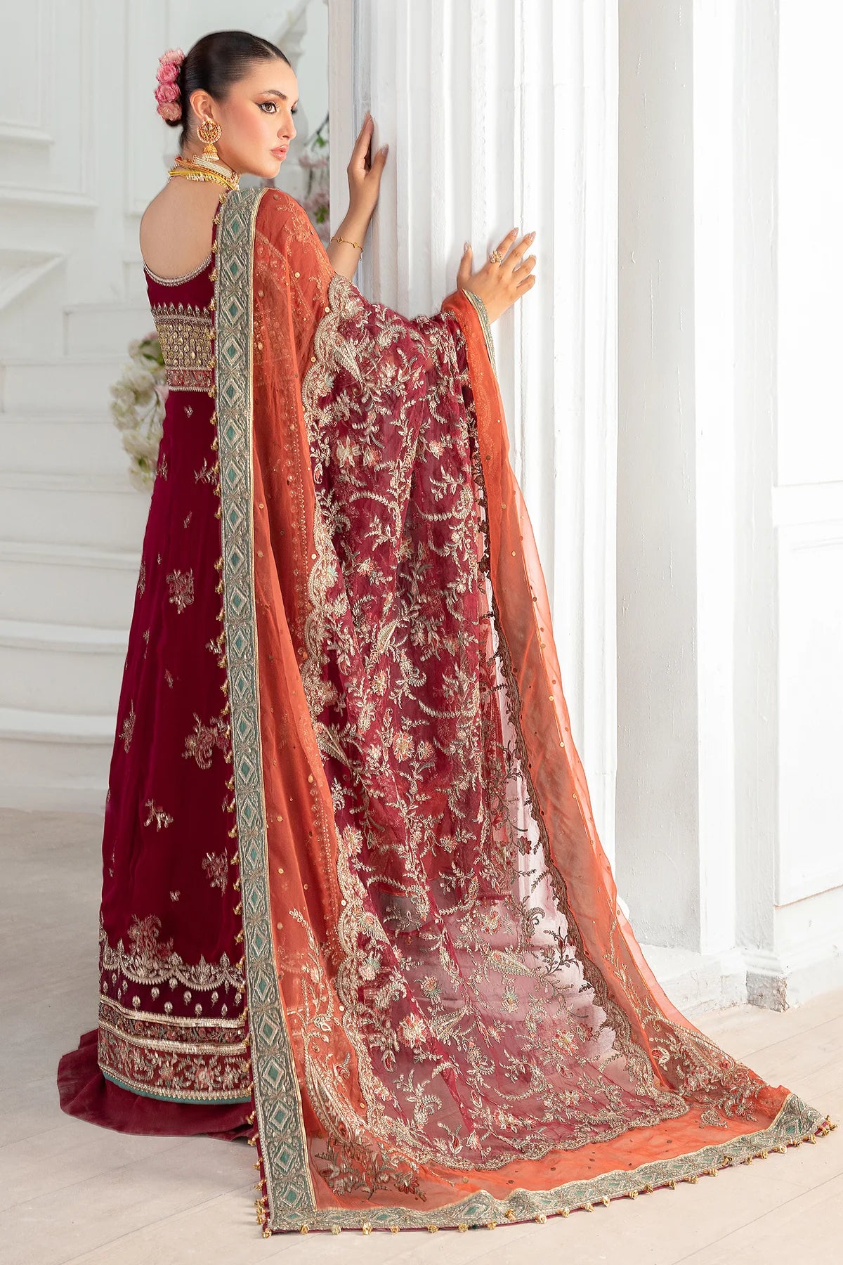 Charizma DD5-03 stitched maroon chiffon wedding suit with embroidered panels, adda work, and organza dupatta – available at Pakistanimoda worldwide