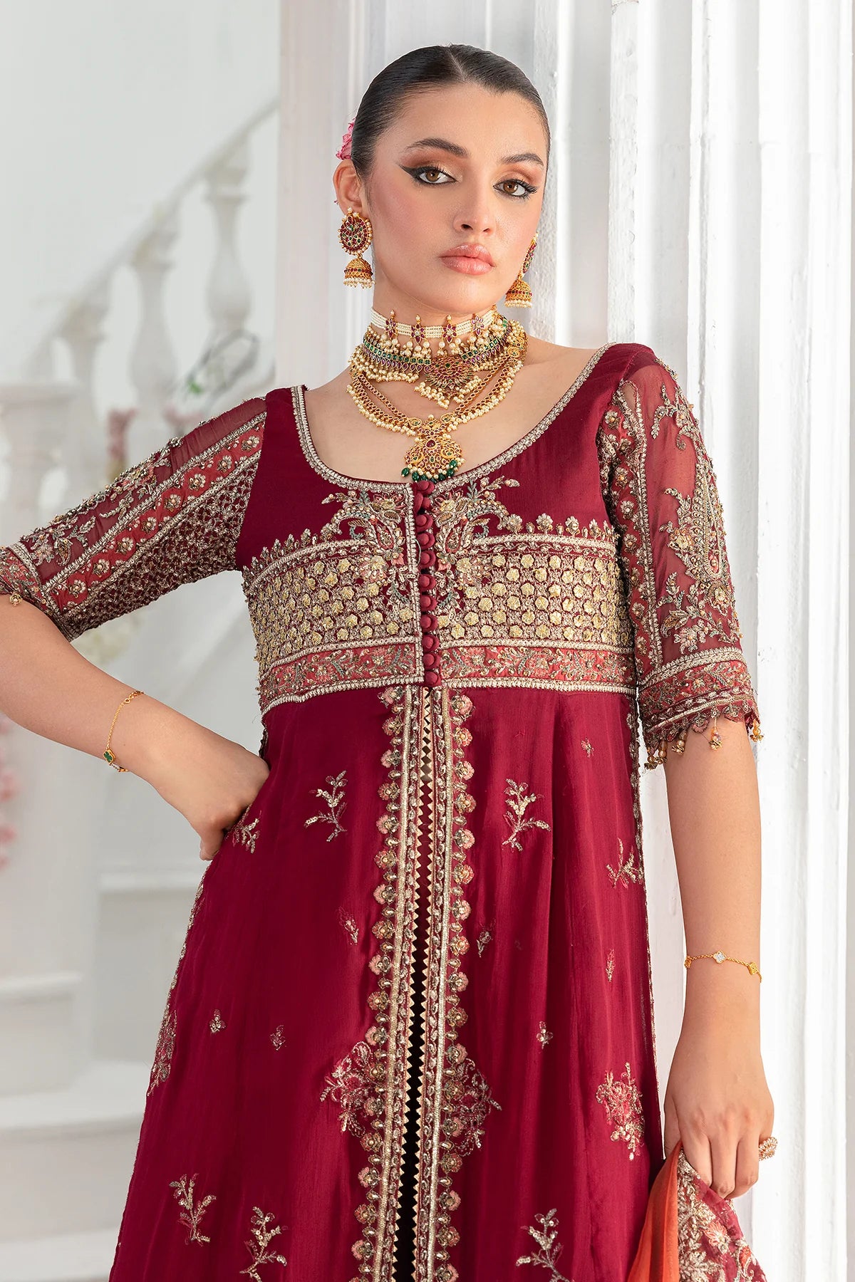 Charizma DD5-03 stitched maroon chiffon wedding suit with embroidered panels, adda work, and organza dupatta – available at Pakistanimoda worldwide