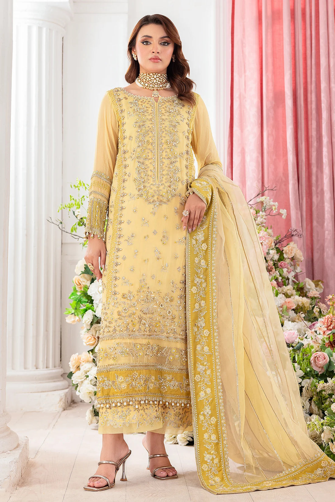 Charizma DD5-02 stitched lime yellow chiffon suit with adda work and embroidered organza dupatta – formal 4-piece outfit at Pakistanimoda global shipping
