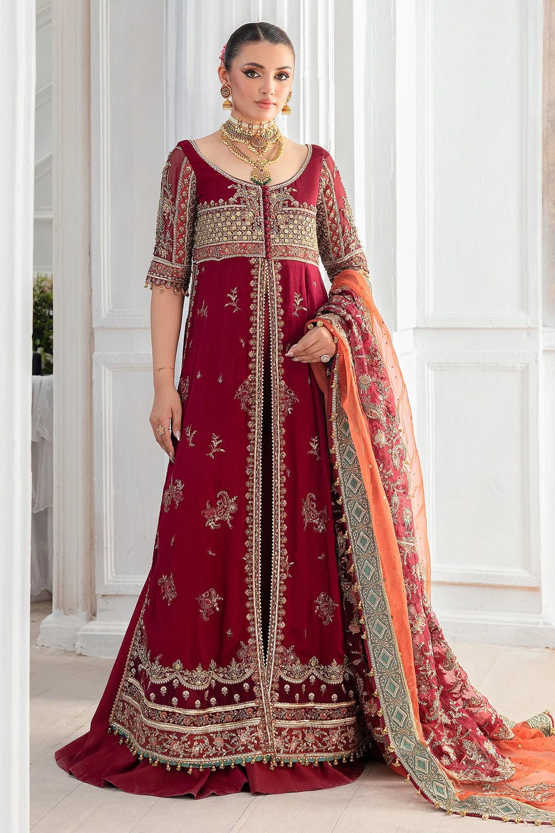 Charizma DD5-03 stitched maroon chiffon wedding suit with embroidered panels, adda work, and organza dupatta – available at Pakistanimoda worldwide