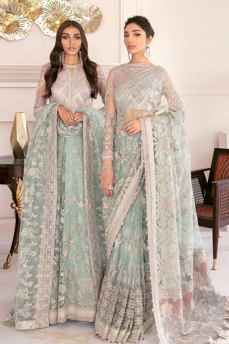 CH08-10 Baroque Sea Green Stitched Net Dress with Embroidered Dupatta – Party Season Outfit Online at Pakistanimoda