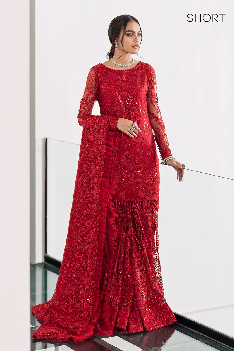 CH09-06 Baroque Red Chantelle Embroidered Net Outfit with Sequins – Engagement Ceremony Dress Online at Pakistanimoda