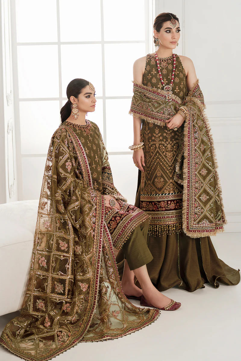 CH10-06 Baroque Chantelle Olive Green Stitched 3-Piece Embroidered Chiffon Suit with Net Dupatta – Shop Online at Pakistanimoda