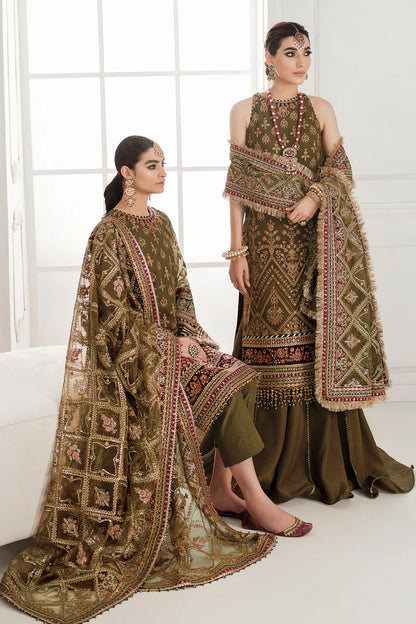 CH10-06 Baroque Chantelle Olive Green Stitched 3-Piece Embroidered Chiffon Suit with Net Dupatta – Shop Online at Pakistanimoda