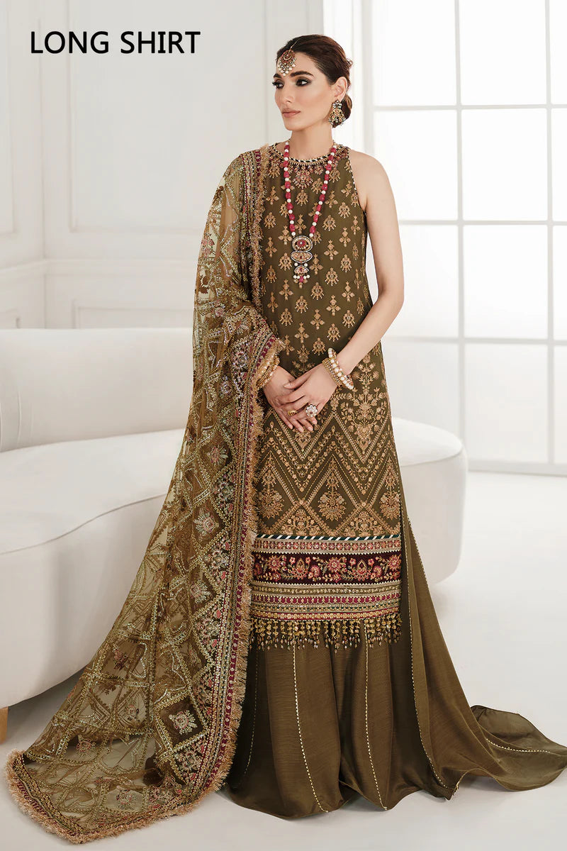 CH10-06 Baroque Chantelle Olive Green Stitched 3-Piece Embroidered Chiffon Suit with Net Dupatta – Shop Online at Pakistanimoda