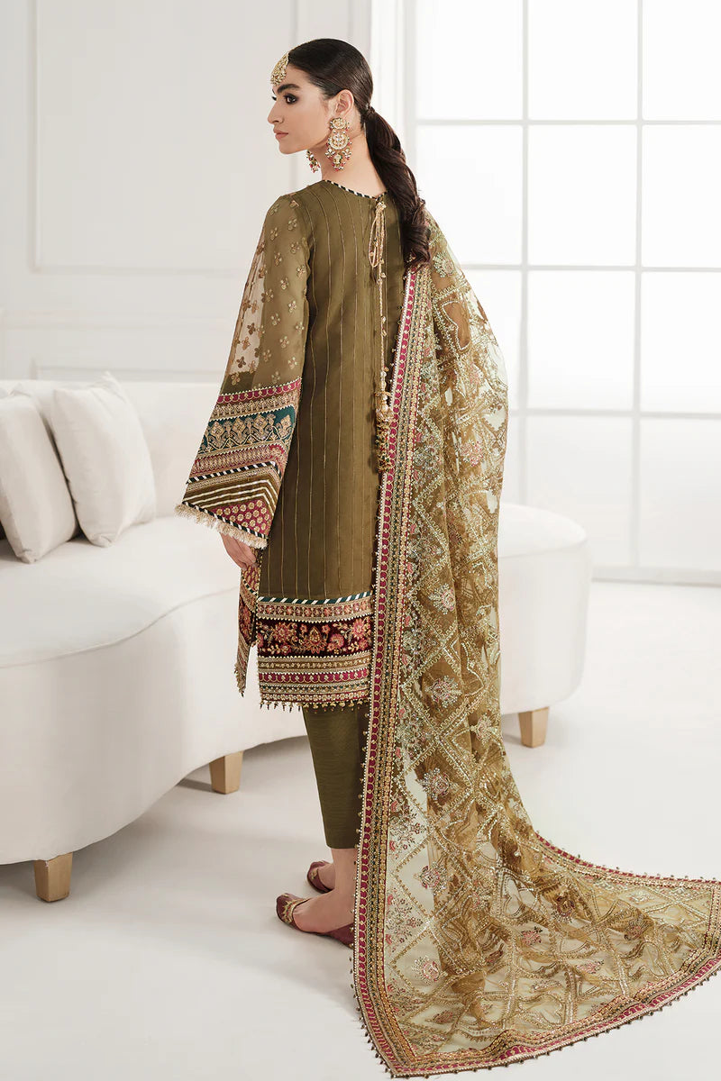 CH10-06 Baroque Chantelle Olive Green Stitched 3-Piece Embroidered Chiffon Suit with Net Dupatta – Shop Online at Pakistanimoda