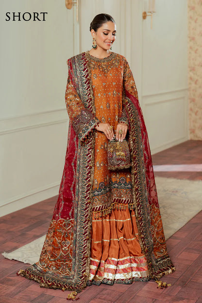 CH13-01 Baroque Rust Orange Embroidered Net Short Shirt with Sharara – Dholki & Mehndi Outfit Online at Pakistanimoda
