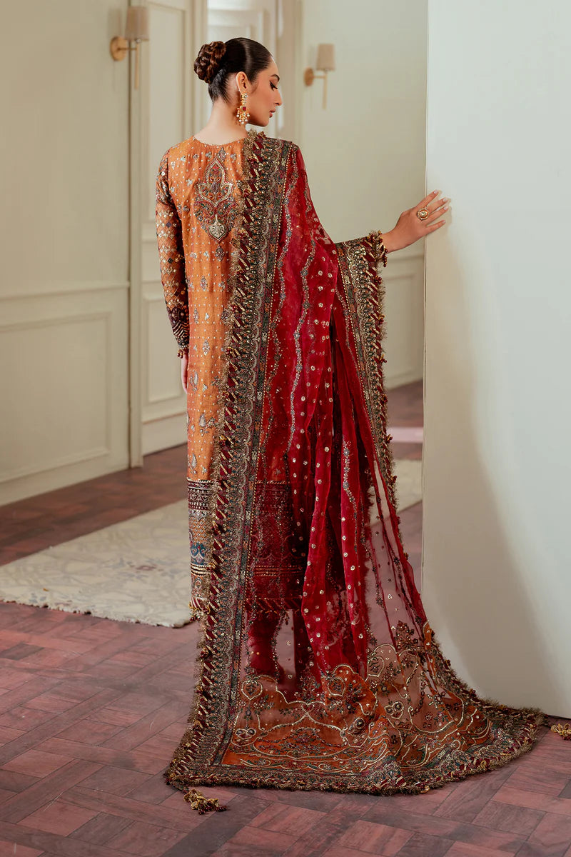 CH13-01 Baroque Rust Orange Embroidered Net Short Shirt with Sharara – Dholki & Mehndi Outfit Online at Pakistanimoda
