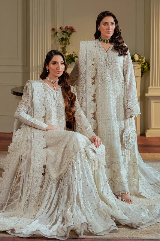 CH13-02 Baroque Chantelle White Chiffon Long Shirt Embroidered Suit with Net Dupatta – Shop Online at Pakistanimoda