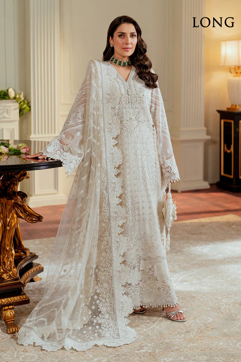 CH13-02 Baroque Chantelle White Chiffon Long Shirt Embroidered Suit with Net Dupatta – Shop Online at Pakistanimoda