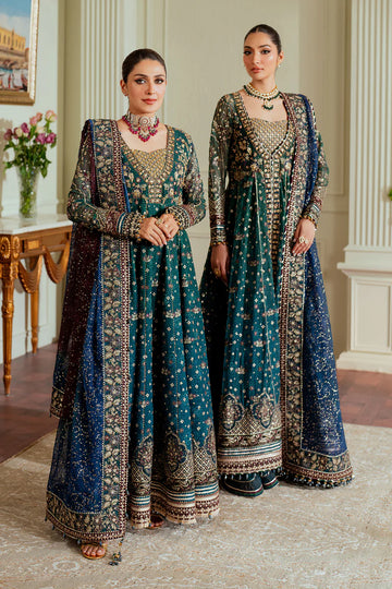 CH13-03 Baroque Teal Chiffon Embroidered Gown with Velvet Borders – Mehndi & Walima Dress Online at Pakistanimoda
