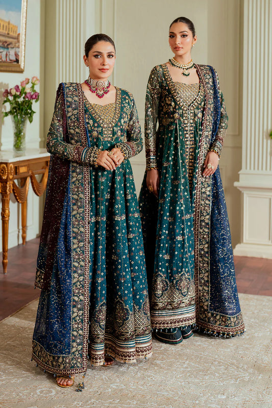 CH13-03 Baroque Teal Chiffon Embroidered Gown with Velvet Borders – Mehndi & Walima Dress Online at Pakistanimoda