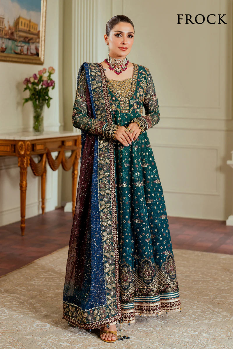 CH13-03 Baroque Teal Chiffon Embroidered Gown with Velvet Borders – Mehndi & Walima Dress Online at Pakistanimoda