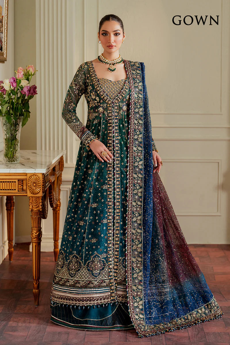 CH13-03 Baroque Teal Chiffon Embroidered Gown with Velvet Borders – Mehndi & Walima Dress Online at Pakistanimoda