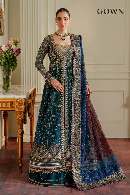 CH13-03 Baroque Teal Chiffon Embroidered Gown with Velvet Borders – Mehndi & Walima Dress Online at Pakistanimoda