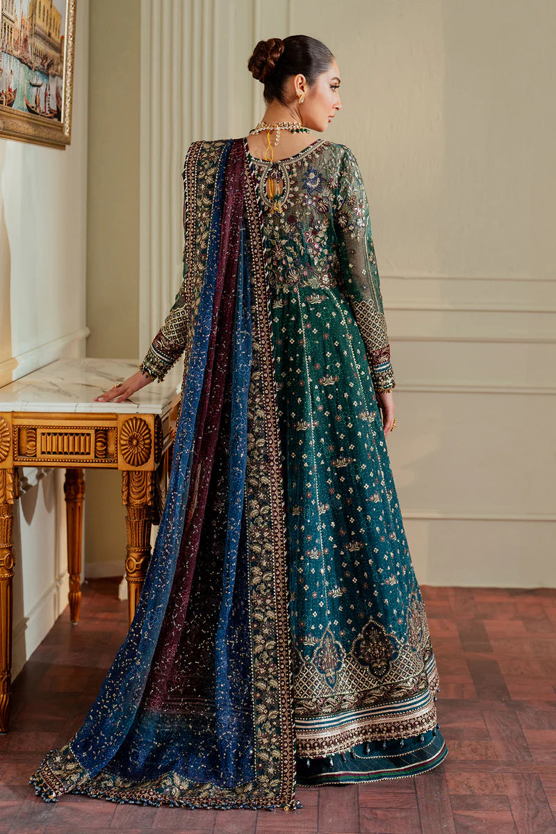 CH13-03 Baroque Teal Chiffon Embroidered Gown with Velvet Borders – Mehndi & Walima Dress Online at Pakistanimoda