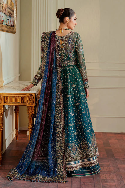 CH13-03 Baroque Teal Chiffon Embroidered Gown with Velvet Borders – Mehndi & Walima Dress Online at Pakistanimoda