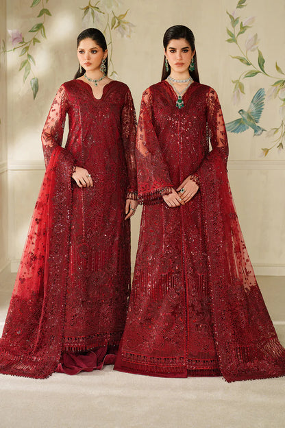 Baroque CH14-01 Maroon Long Shirt Sharara Suit with net embroidery & dupatta – Formal wear at Pakistanimoda