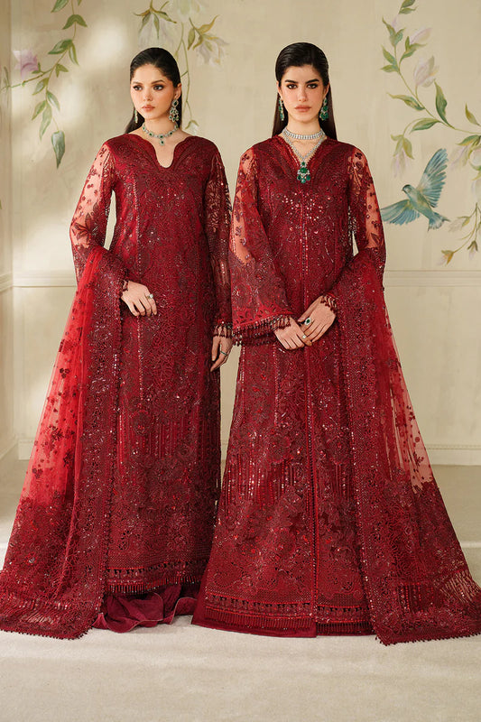 Baroque CH14-01 Maroon Long Shirt Sharara Suit with net embroidery & dupatta – Formal wear at Pakistanimoda