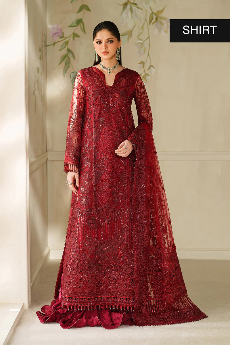Baroque CH14-01 Maroon Long Shirt Sharara Suit with net embroidery & dupatta – Formal wear at Pakistanimoda