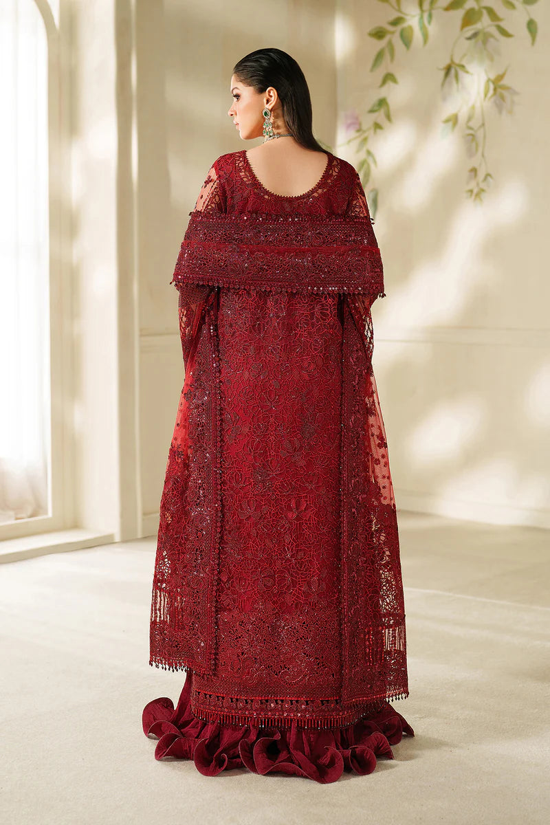 Baroque CH14-01 Maroon Long Shirt Sharara Suit with net embroidery & dupatta – Formal wear at Pakistanimoda