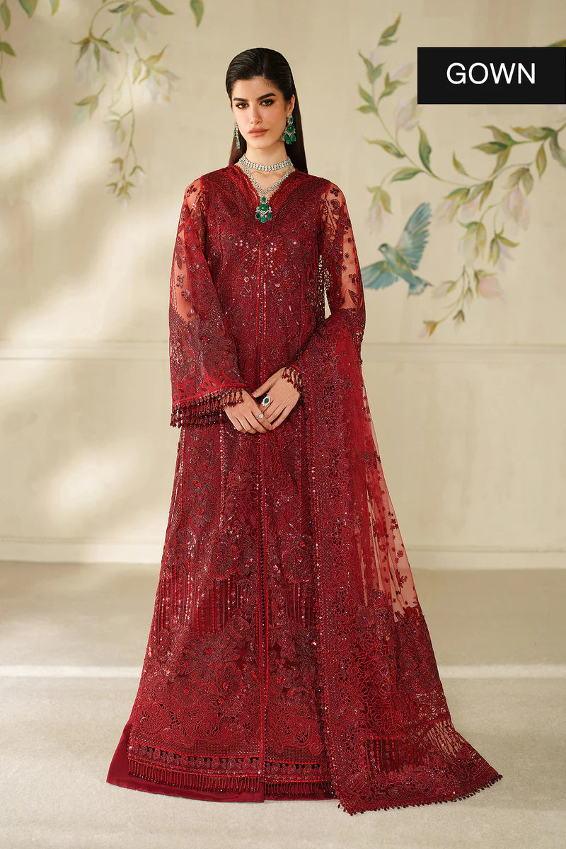 Baroque CH14-01 Maroon Long Shirt Sharara Suit with net embroidery & dupatta – Formal wear at Pakistanimoda