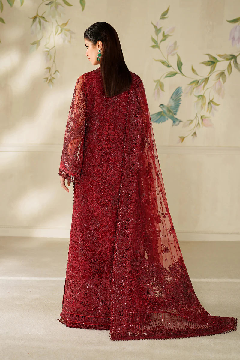 Baroque CH14-01 Maroon Long Shirt Sharara Suit with net embroidery & dupatta – Formal wear at Pakistanimoda