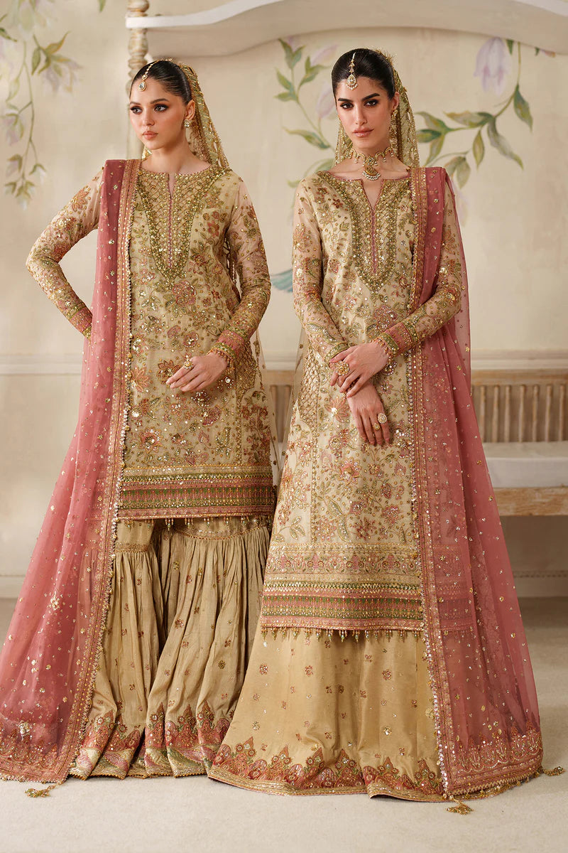 Baroque CH14-02 Gold Chantelle Gharara Suit with zari net embroidery & pink dupatta – Festive wear at Pakistanimoda