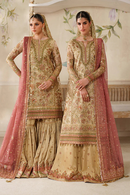 Baroque CH14-02 Gold Chantelle Gharara Suit with zari net embroidery & pink dupatta – Festive wear at Pakistanimoda