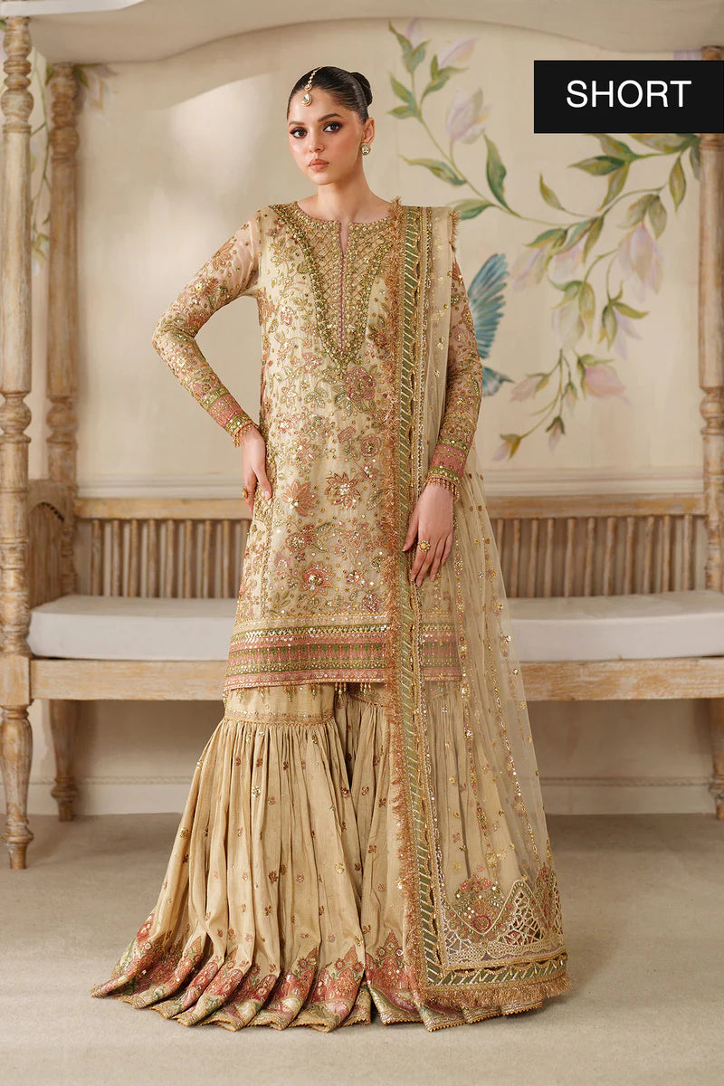Baroque CH14-02 Gold Chantelle Gharara Suit with zari net embroidery & pink dupatta – Festive wear at Pakistanimoda