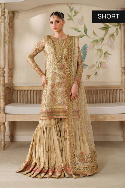 Baroque CH14-02 Gold Chantelle Gharara Suit with zari net embroidery & pink dupatta – Festive wear at Pakistanimoda