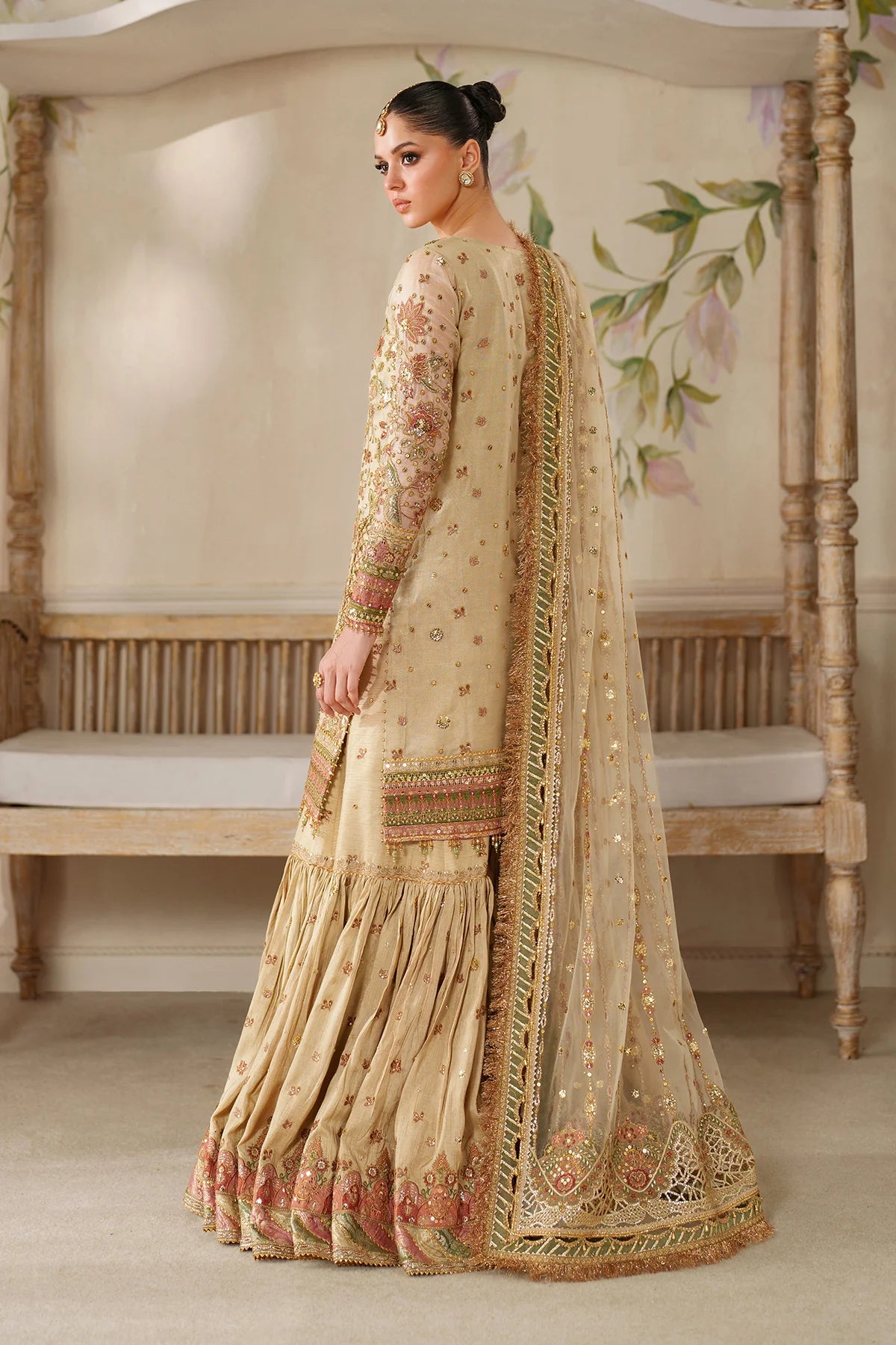 Baroque CH14-02 Gold Chantelle Gharara Suit with zari net embroidery & pink dupatta – Festive wear at Pakistanimoda