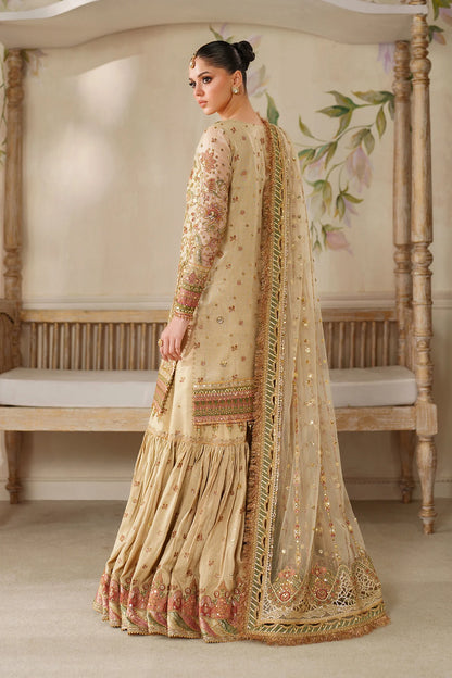 Baroque CH14-02 Gold Chantelle Gharara Suit with zari net embroidery & pink dupatta – Festive wear at Pakistanimoda
