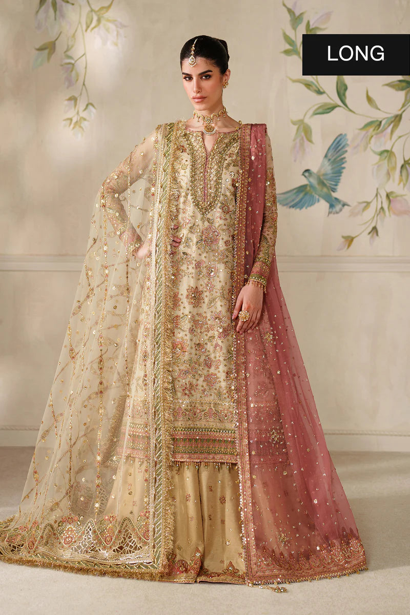 Baroque CH14-02 Gold Chantelle Gharara Suit with zari net embroidery & pink dupatta – Festive wear at Pakistanimoda